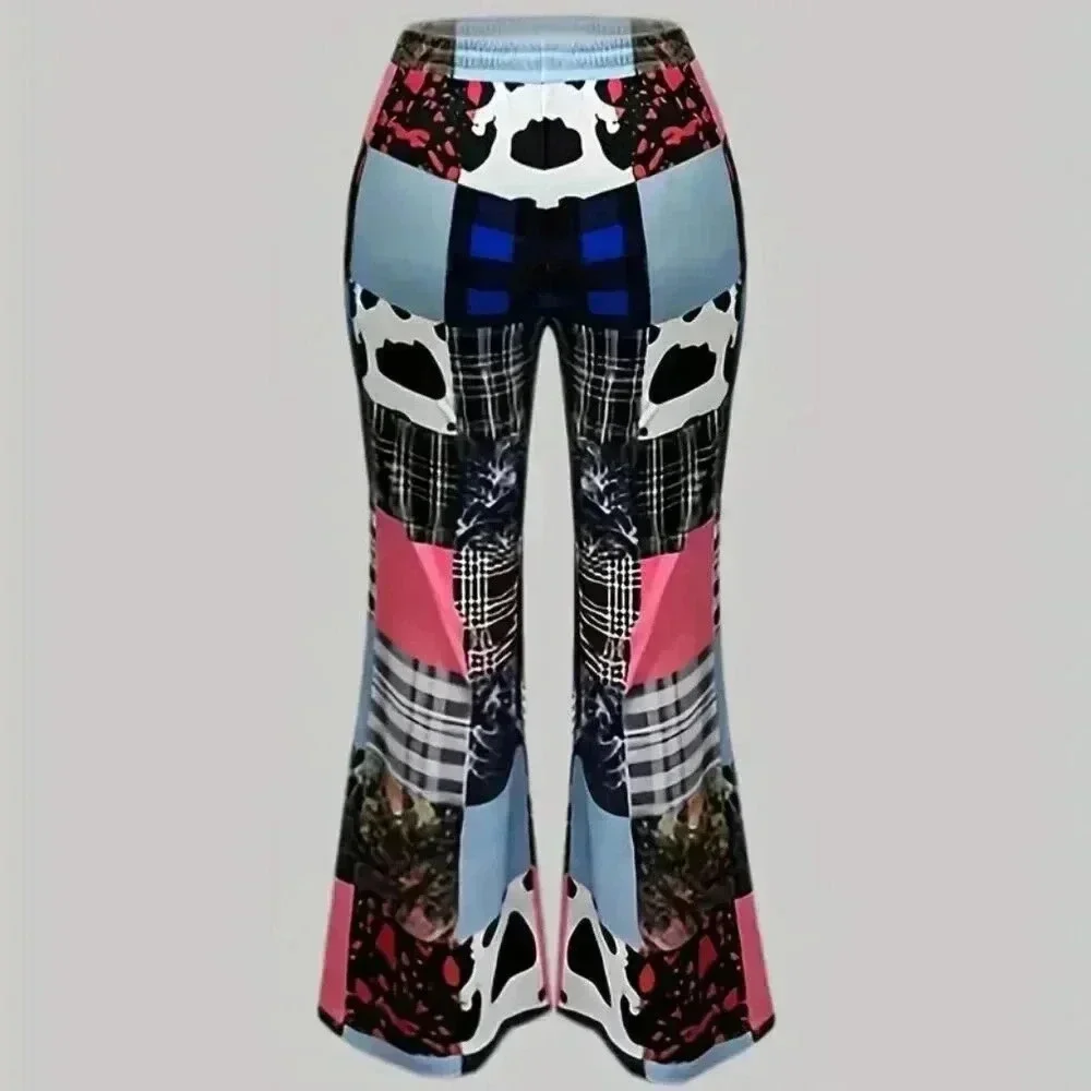 Plus Size Patchwork Print Elastic Drawstring Pants (Color: Multicolor) - Picture 2 of 3